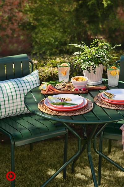 patio dining set, outdoor table, metal patio chairs, garden furniture, patio bistro set, brand awareness, lifestyle, calm, fresh, green, neutral